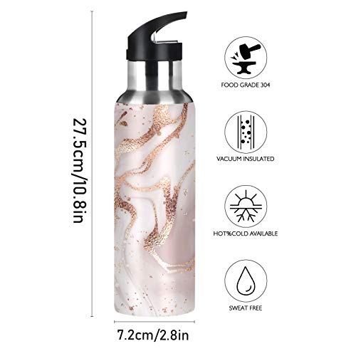 Xigua Rose Gold Marble Water Bottle With Straw Lid Vacuum Insulated Stainless Steel Thermo Flask For Sports Cycling Hiking School Home,20 Oz. #TOP1