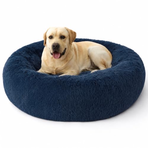 Image of Bedsure SupportMax Calming XL Dog Bed Extra Large Washable Pet Bed,42in | 420GSM Plush Fluffy Donut Round,Thick Supportive,Removable Cover,Anti-Slip,Anti-Anxiety Senior Dog up to 100 Lbs,Navy