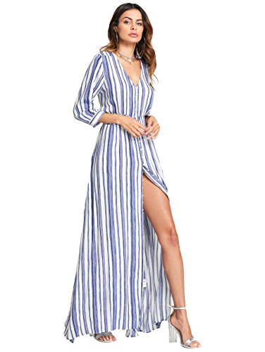 Milumia 3 4 Sleeves Dresses, Women Split Hemline Floor Length Casual Fashion Blue and White M