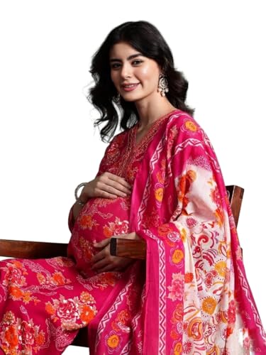 Image of ASSUME FAB Women Viscose Rayon Embroidery V Neck Maternity And Feeding Zip kurti pant and Dupatta