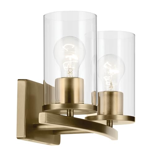 Image of Kichler Crosby 15.25 inch 2-Light Bathroom Vanity Light Fixture with Clear Glass in Natural Brass for Powder Room, Modern Wall Mount Light (15.25 inch x 8.75 inch), 45496NBRCLR