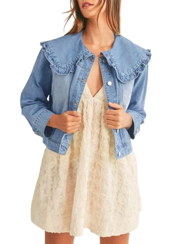 Takaneo Womens Denim Jacket Peter Pan Collar Cute Cropped Long Sleeve Shirts Jean Coat with Pockets