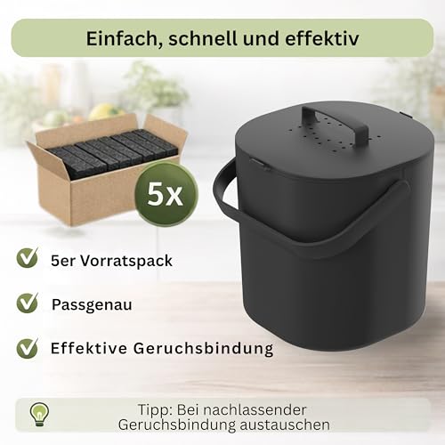 PTMS® 5X Aktivkohlefilter für Biomülleimer 6L - Ersatzfilter für Bioeimer & Komposteimer Küche - Geruchsfilter gegen Müllgeruch, passgenau & effektiv