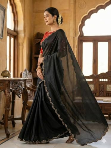 Image of Chinon Silk Saree with Embroidered Blouse, Traditional Georgette Saree, Elephant Embroidery Pattern, V-Neck Design, Free Size, Festival Wear