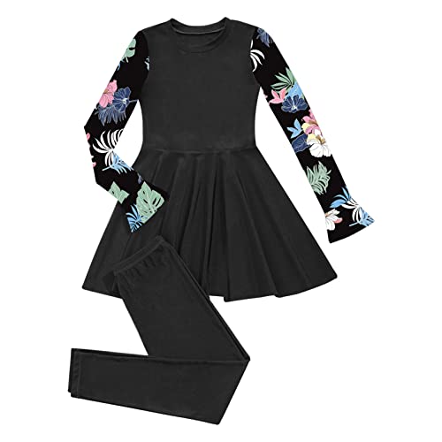TiaoBug Modest 2 Pieces Swimsuit for Kids Girls Floral Long Swimdress with Pants Hijab Burkini Sets3