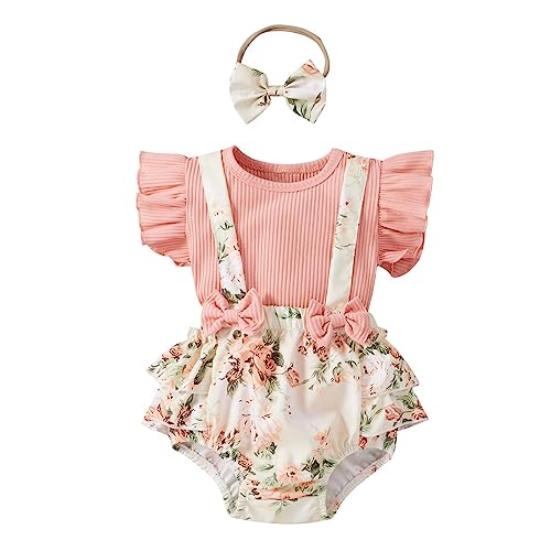 TYUSGH Ropa de bebé recién nacida, mameluco de verano con mangas con volantes, estampado floral, para sesión de fotos, fiesta de baby shower, rosa, 18-24 meses