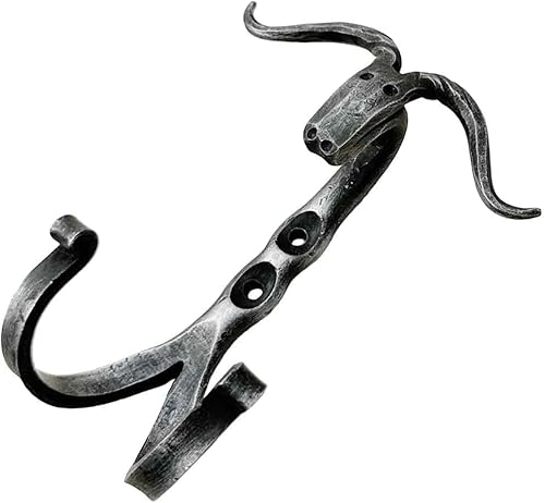 Miniatura 3 de Cabeza de toro forjada a mano, doble gancho de hierro forjado hecho a mano, gancho rústico montado en la pared con soporte para anillo, decoración