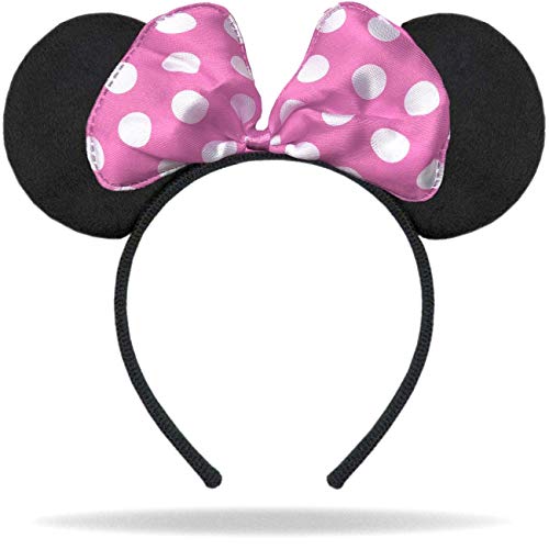 Hatstar Cerchietto per capelli con orecchie da topo, colore nero, fiocco rosa con pois bianchi, accessorio per capelli per bambini e adulti, copricapo da donna e ragazza, accessorio per costume per
