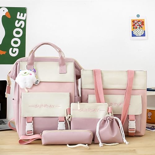 5Pcs Kawaii Backpack Cute Backpack for School Aesthetic Backpack Kawaii School Supplies Backpack Set with Accessories (Pink)4