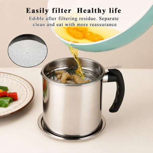 Image of Evelots Stainless Steel Filter Pot with Fine Mesh Strainer, Reusable Cooking Oil Storage Container with Lid and Handle, Kitchen Strainer Pot for Filtering and Reusing Frying (Style A)