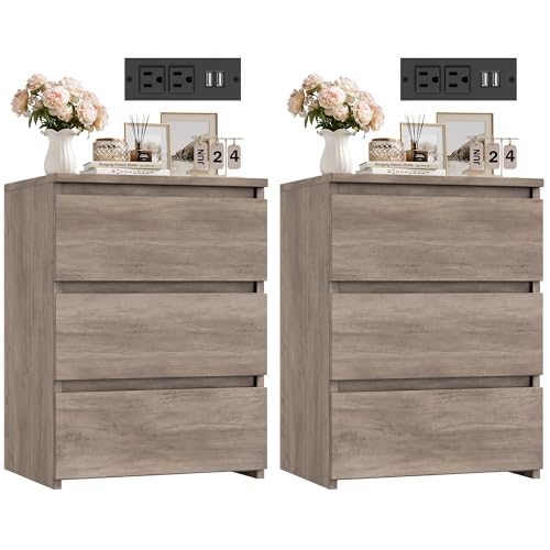 FOTOSOK Nightstand Set of 2 with Charging Station, Grey Night