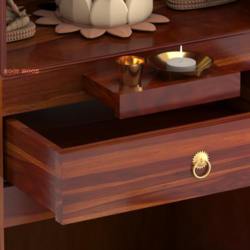 Image of Solid Wood Premium Sheesham Wood Temple Niwar Big Size 5 Feet with Door Storage Cabinet | Wooden Mandir for Pooja Room Home | Honey Finish | Mandir for Home Niwar (Honey Finish 1)