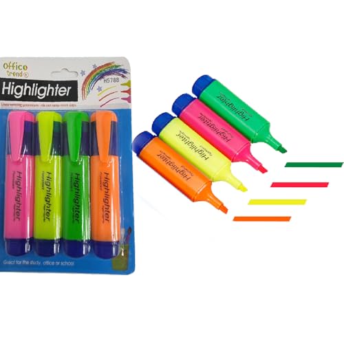 4Pcs Highlighter Marker Set 4mm Oblique Chisel Tip Fluorescent Colors for Office School Writing Art Drawing & Journaling Smooth Quick-Dry Ink Stationery Supplies-Assorted Desigen