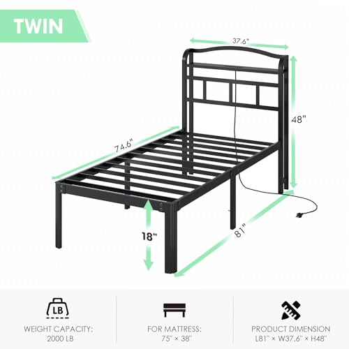 QEROMY Twin Size Bed Frame - Storage Headboard with Charging Station, Easy Assembly, 18 inch Heavy Duty Metal Platform Bed Frame No Box Spring Needed, Black - Thumbnail 2