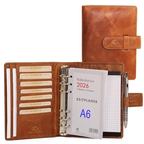 ALMADIH echt Leder A6 Terminplaner mit Kalender 2026 + Notizblock - braun deluxe Ledermappe Mappe Schreibmappe Organizer Terminkalender Ringbuchmappe Pocket Kompakt (A6 Ter BD)