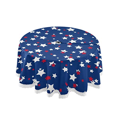 Xigua Patriotic Star Round Tablecloth 60" Waterproof Spillproof Polyester Fabric Table Cover With Zipper Umbrella Hole For Outdoor Patio Garden Dining Party #TOP21