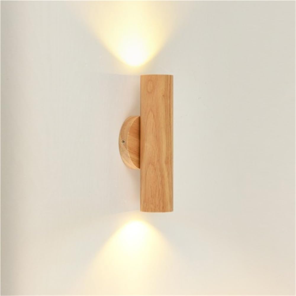 LYOUAE 2-Lights Up Down Indoor Wall Sconce Nordic Rubberwood Wall Mounted Light Cylinder LED Bedside Wall Lamp for Bedroom Living Room Hallway(Wood,Warm Light)