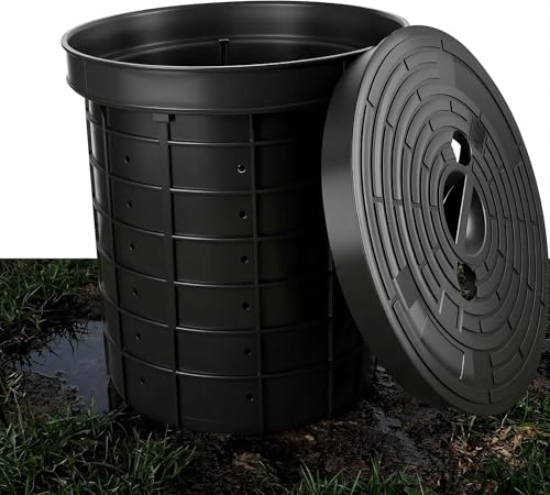 6.6 Gal 15 Sump Pump Basin with Lid 25L Perforated Sump Pump Basin Bucket for Yard Drainage Systems Basement & Crawl Space Corrosion-Resistant Impact-Resistant for Yards Patios Driveways