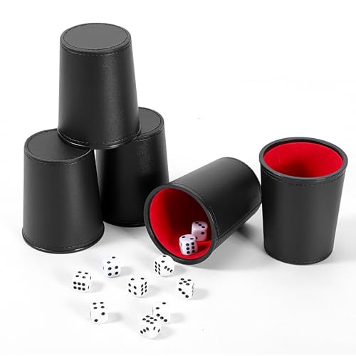 PU Leather Dice Cup Set, 5 Black and Red Shaker Cups with 30 Dice