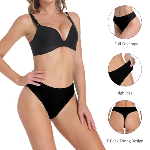 Image of 6 Pack Women's Ribbed Cotton Thongs High Waist Panties Underwear | GAREDOB 6 Pack Women's Ribbed Cotton Thongs High Waist Seamless Panties Plus Size High Rise No Show Underwear