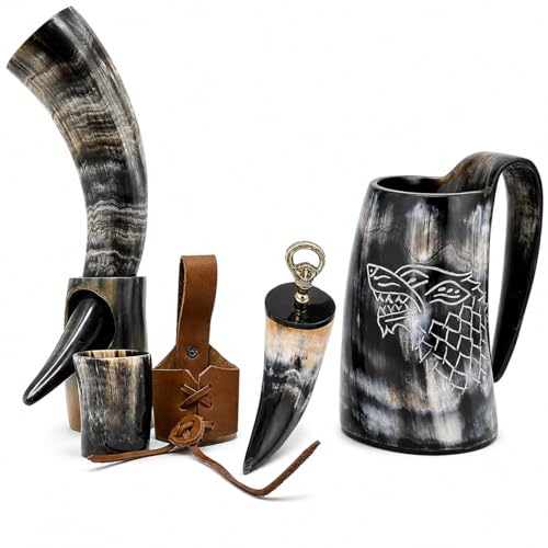 Viking Drinking Horn Mug - Bottle Opener - Whiskey Cup - Belt Holster - Drinking Horn With Stand For Cold Drink - Water and Beer Tankard Authentic Set Rustic Vintage Home Decor Gifts