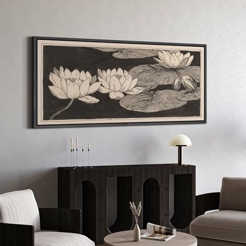Image of MUDECOR Extra Large Framed Canvas Print Wall Art Vintage Lotus Flower Line Art Botanical Black and Beige Antique Retro Ready to Hang Painting for Living Room Bedroom Multi-Sizes - 60 inchx30 inch