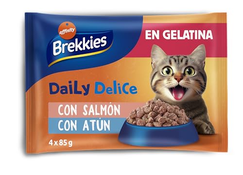 Brekkies Daily Delice Comida Húmeda para Gatos Bocaditos en Gelatina (Salmón y Atún) 4 x 85g