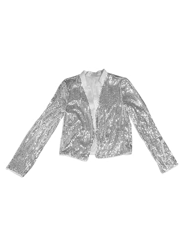 Allegra K Veste Courte à Paillettes Femme Blazer à Paillettes Scintillantes à Manches Longues et Devant Ouvert Blazer à Sequins Costume de Noël Argent L