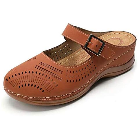 JITUUE Women Casual Wedges Sandals Comfy Loafers Hollow Out pattern Breathable Beach Walking Slippers Soft Sole Shoes Closed Toe(Brown,US 7) Cover