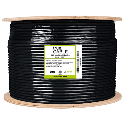 trueCABLE RG6 Outdoor Quad Shield Coax, 1000ft, Black, Direct Burial Rated (CMX), Bare Copper Conductor Coaxial Cable, 3GHz Sweep Tested - Thumbnail 2