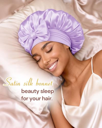 Image of BONNET QUEEN Double Layer Silk Bonnet for Sleeping for Women Satin Lined Bonnet Night Cap for Curly Hair with Tie Band,Light Purple