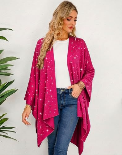 Image of Womens Rhinestones Open Front Poncho Shawl Wrap Cape Ruana Travel Blanket Cardigan