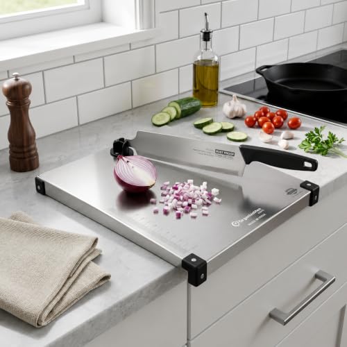 Image of Black Cut & Chop Stainless Steel Chopping Board with Knife | Rust Proof Chopping Board | Food Grade Steel Cutting Board | Heavy Duty Kitchen Cut and Chop Board with Rotary Knife Lock