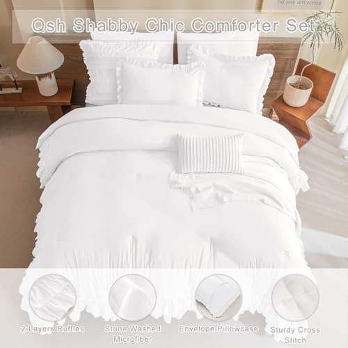 Image of QSH Natural White Comforter Full with Ruffles,3PCs Shabby Boho Chic Farmhouse Bedding Comforter Set Full Size (80 inchx90 inch) Soft Fluffy Microfiber Lightweight Vintage Bed Set with Pillow Shams