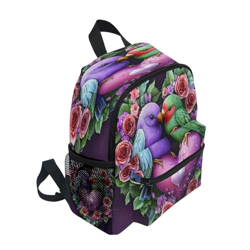 panksolu Love Heart Two Parrots Toddler Backpack for Boys Girls,Kid Backpack with Chest Clip and Name Tag, S2