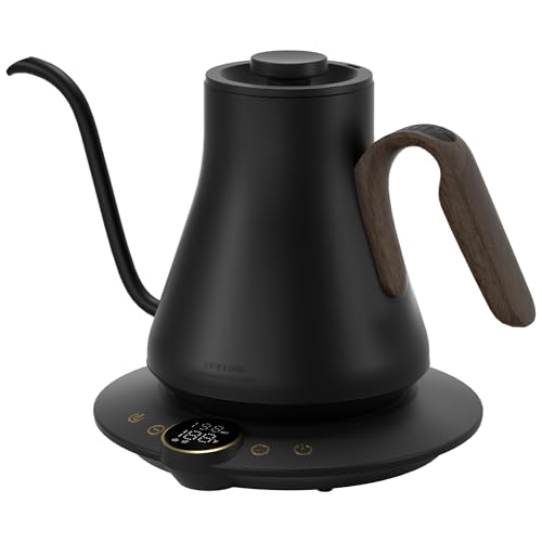 Image of INTASTING Gooseneck Electric Kettle with ±1℉ Temperature Control for Pour Over Coffee & Tea, Quick Heating, BPA-Free Stainless Steel, Built-in Brew Timer, 1500W /0.9L (Black Walnut)