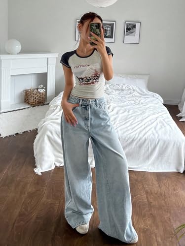 Image of Shasmi Women's Black Wide Leg Baggy Jeans | Loose Fit Denim Pants for Women | High Rise Streetwear | Casual Oversized Wide Leg Denim | Korean Style Baggy Trousers with Pockets (Jeans 296)