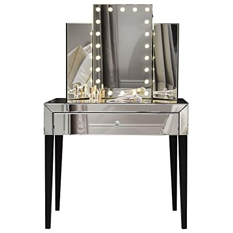 CARME 2-Piece Set Millie x Laguna Mirrored Dressing Table & Desktop Tri-Fold Mirror with LED Lights Vanity Makeup Storage Cover