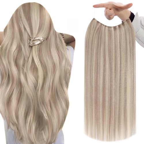 Fshine Invisible Wire Hair Extensions 12 Inch Ash Blonde Highlighted Bleach Blonde Layered Hairpiece Real Human Hair Secret Fish Line One Piece Clip ins Hair 76 G