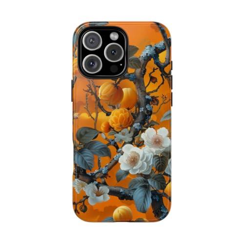 Coque rigide iPhone 16 Pro Max design floral orange vintage pour un style bohème chic