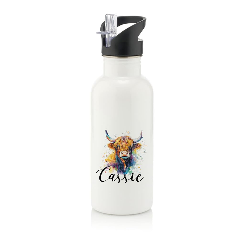 Personalised Colorful Highland Cow custom name gift for kids,Stainless Steel 600ml Water Bottle with Straw. (White)