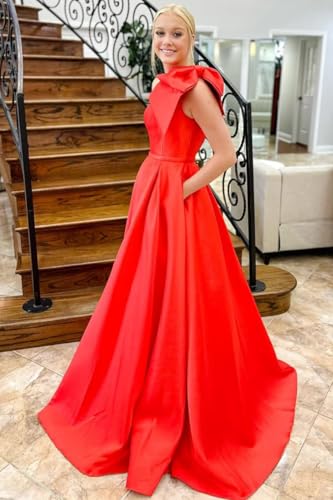 MYDRESS One Shoulder Prom Dresses with Bow Satin Long Sleeveless Ball Gowns Prom Dresses with Pockets2