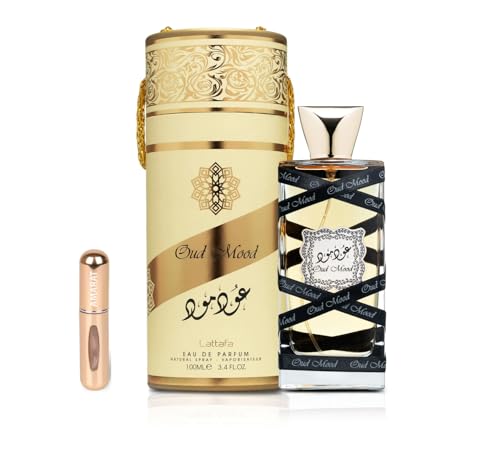 Lattafa Oud Mood Eau de Parfum 100 ml långvarig arabisk parfym, inklusive påfyllningsbar atomizer, varm orientalisk doft med toner av kanel, oud och bärnsten (Oud Mood)
