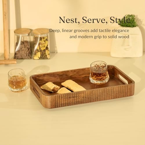 Image of Brick Brown Premium Handcrafted Wooden Duet Nested Serving Trays Set of 2 Tea, Breakfast Tray with Handles - Decorative Coffee Table Organizer Platter for Home, Kitchen, Dining, Restaurant & Office