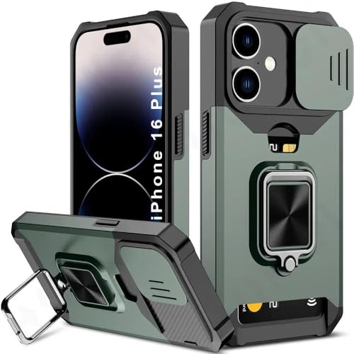 Image of LuxuryKase Shockproof Armor Case for iPhone 16 Plus | Slide Camera Cover | Hidden Card Slot | Rotating Ring Kickstand | Magnetic Car Mount Support | Military Grade Protection - Green