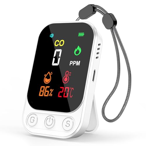 RealPlus Détecteur de Monoxyde de Carbone 3-en-1 - Détecteur CO, Température et Humidité avec Alarme de 85 DB, Portable, Rechargeable, Support et Trou de Fixation pour Maison, Voyage et Bureau