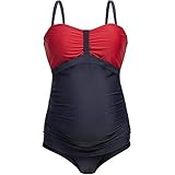 Herzmutter Umstandstankini - Zweiteiler - Schwangerschafts-Bademode - Badeanzug für Schwangere - Bandeau-Tankini-Set - Verstellbare, abnehmbare Träger - UV-Schutz 50-7000 (L, Rot-Dunkelblau)