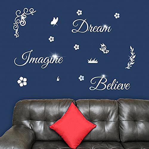 3D Miroir Acrylique Adhésif Autocollant Mural, SMFANLIN DIY Dream Imagine Believe Devis Miroir Acrylique Amovible Muraux Salon Chambre Décor TV Fond Décoration (Argent) Cover