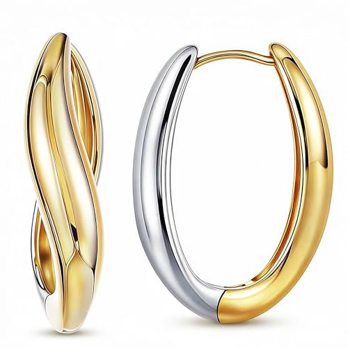 Trendy Two Tone Gold and Silver Oval Hoop Earrings, 14K