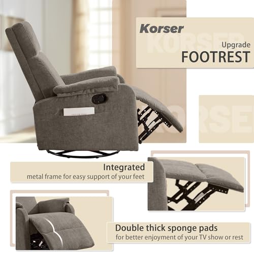 Image of Korser Recliner Chair, Swivel Rocking Recliner Chair for Adults, Glider Rocking Chair, Small Nursery Chair Recliner for Living Room, Reclining Chair with Modern-Designed Armrests, Chenille, Brown